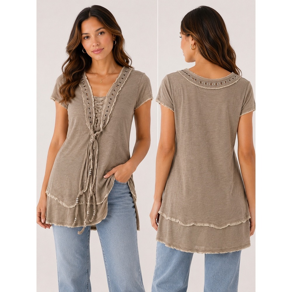 Murmur Womens Boho Lace Up Tunic Top Taupe Brown Beaded Tassel Raw Edge Large